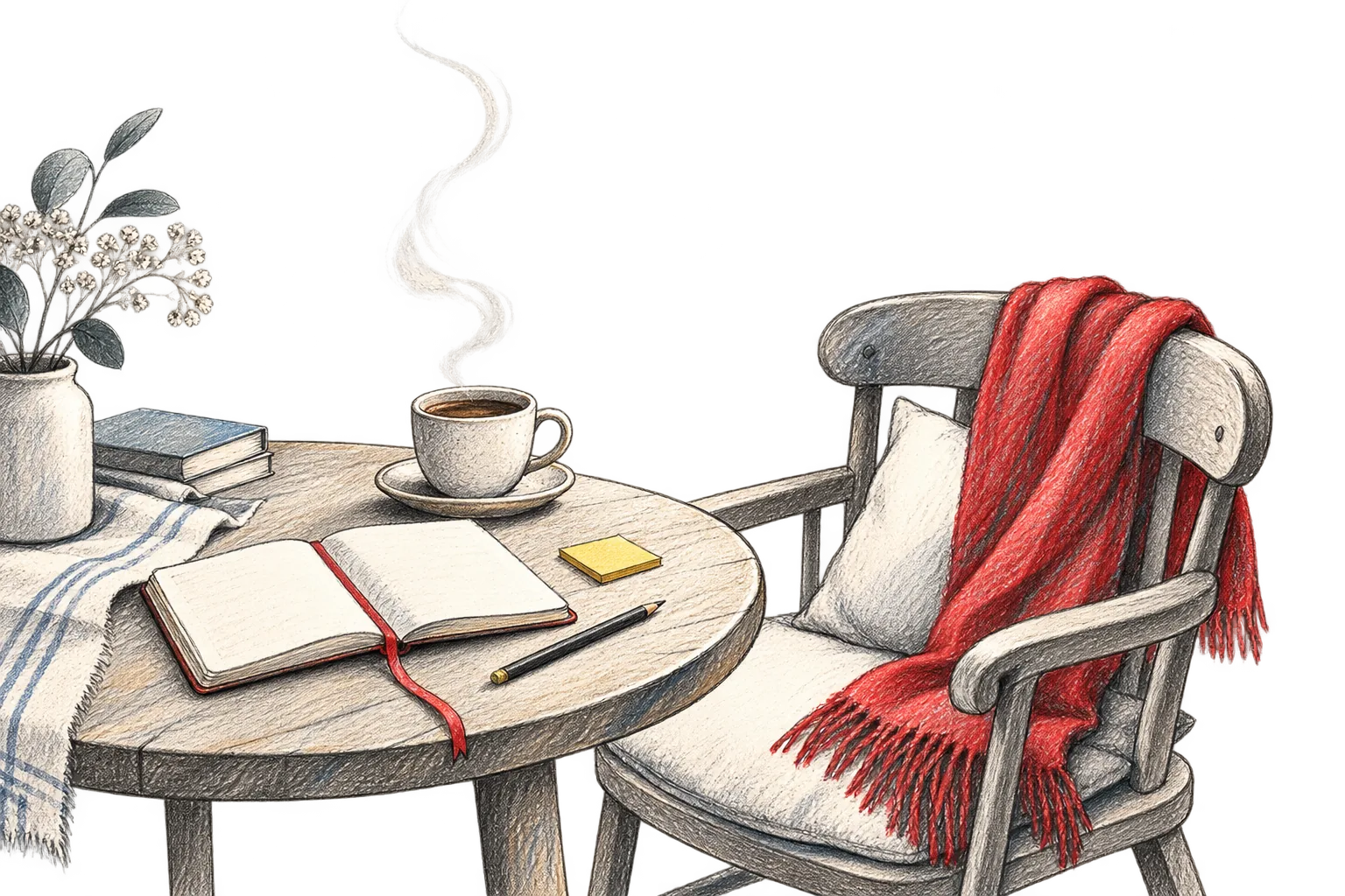 Colored pencil sketch of an empty chair with a red blanket beside a café table with an open notebook and coffee