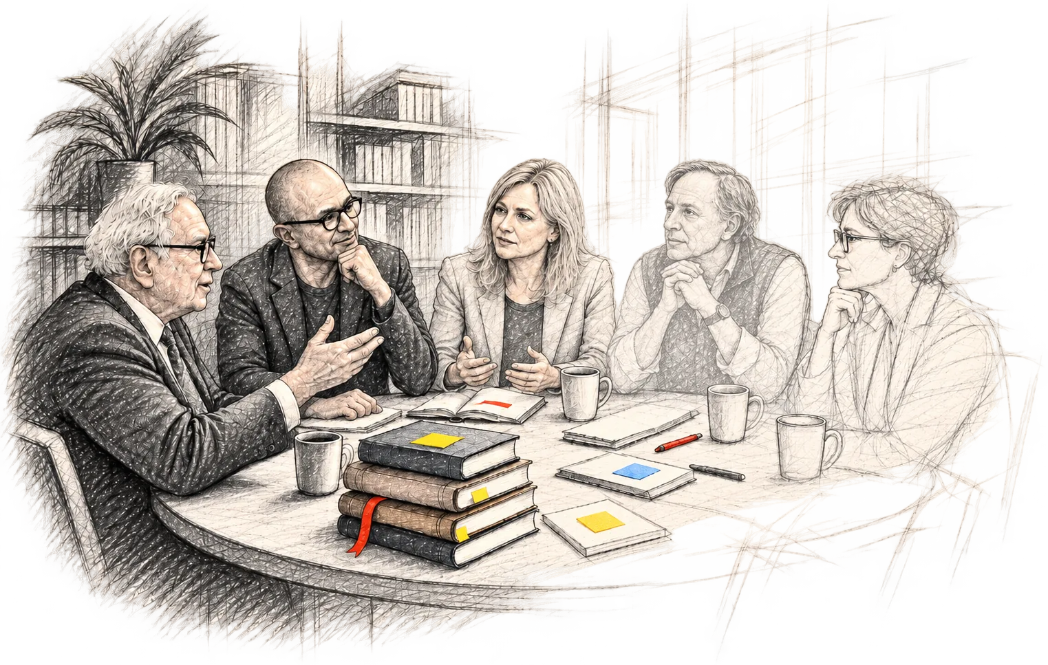 Sketch of five students in discussion around a table stacked with books, post-its and coffee