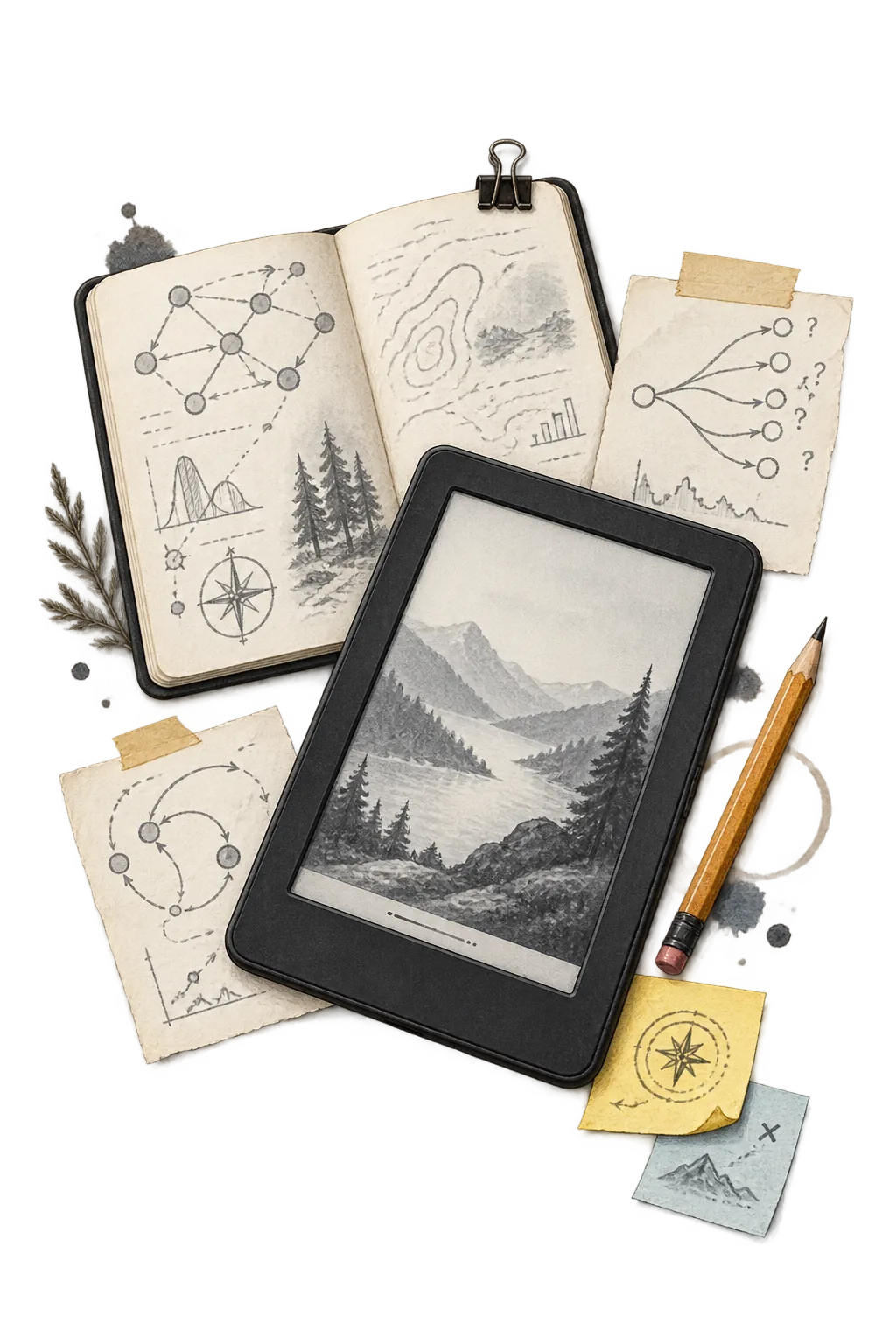 Flat lay sketch of a notebook with diagrams, an e-reader, sticky notes and a pencil