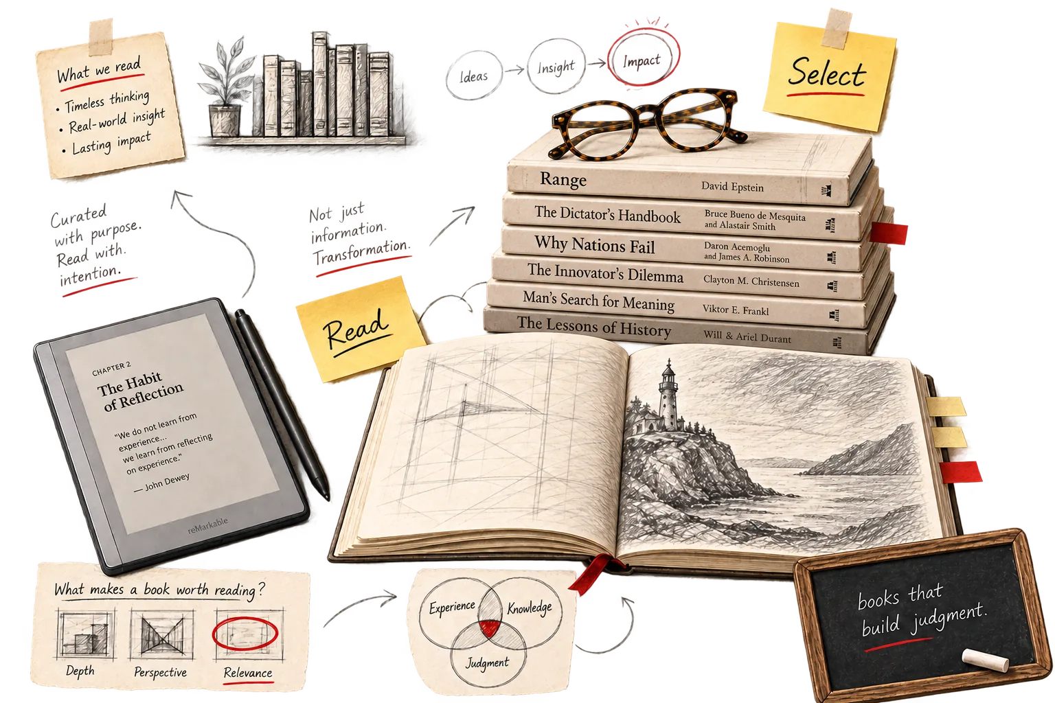 Sketch collage of a book stack, an open sketchbook, an e-reader and post-it notes reading Select and Read